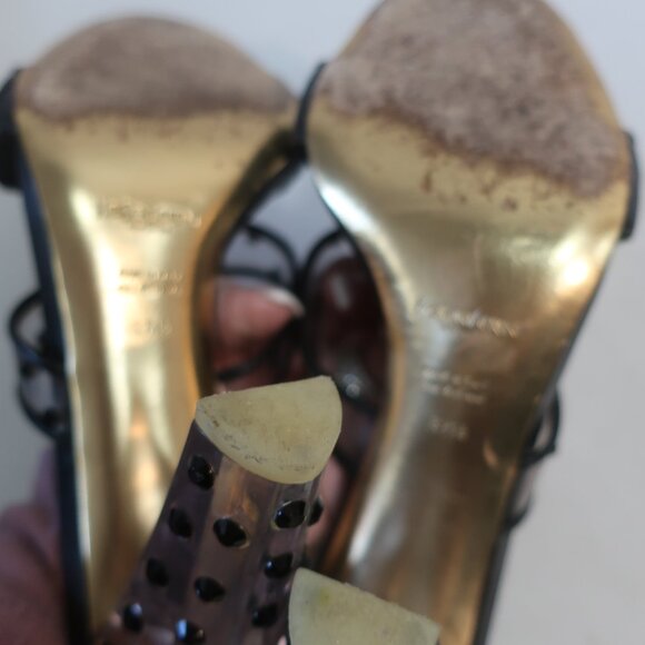 Authentic Yves Saint Laurent Ruched Leather Lucite Gem Strappy Heels 37.5 US/7.5 - Picture 9 of 12